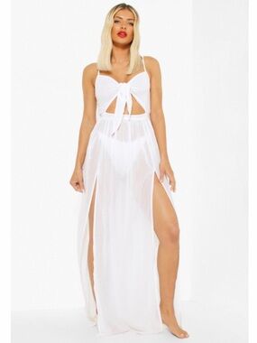 Boohoo White Sheer Maxi Length Cover Up Skirt With High Slits- 14